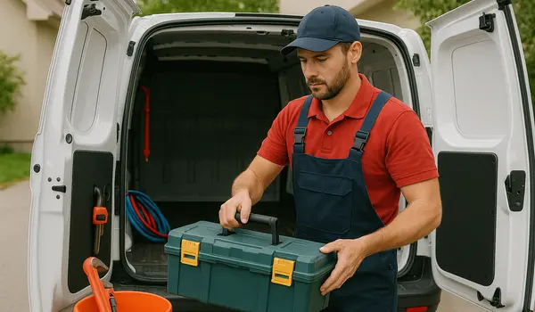 a plumbing technician putting his toolbox back in his van in Plano, TX - Residential Plumbing services a plumbing technician putting his toolbox back in his van in Plano, TX - Residential Plumbing services