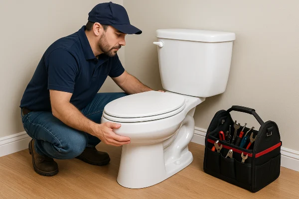 a plumber checking a toilet in Plano, TX - Residential Plumbing services a plumber checking a toilet in Plano, TX - Residential Plumbing services