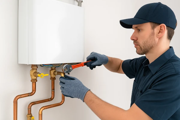 a plumber working on a tankless water heater in Plano, TX - Residential Plumbing services a plumber working on a tankless water heater in Plano, TX - Residential Plumbing services