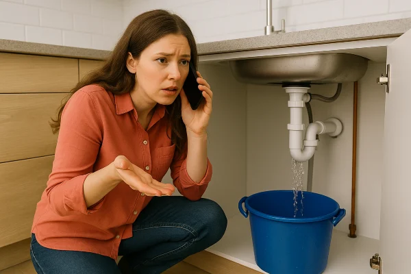 a woman on the phone about a water leak underneath her kitchen sink in Plano, TX - Residential Plumbing services a woman on the phone about a water leak underneath her kitchen sink in Plano, TX - Residential Plumbing services