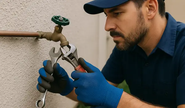 a male plumber fixing an outdoor faucet in Plano, TX - Toilet replacement a male plumber fixing an outdoor faucet in Plano, TX - Toilet replacement