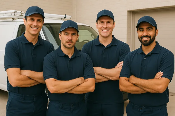 4 plumbing technicians posing for the camera in Plano, TX - Toilet replacement 4 plumbing technicians posing for the camera in Plano, TX - Toilet replacement