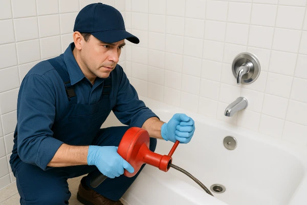 a plumber running a snake to clear a bathtub drain in Plano, TX - Toilet replacement a plumber running a snake to clear a bathtub drain in Plano, TX - Toilet replacement